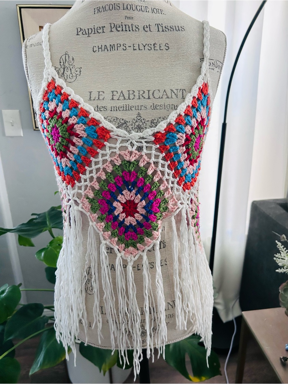 vibrant, bohemian-style crochet granny square fringe tank top